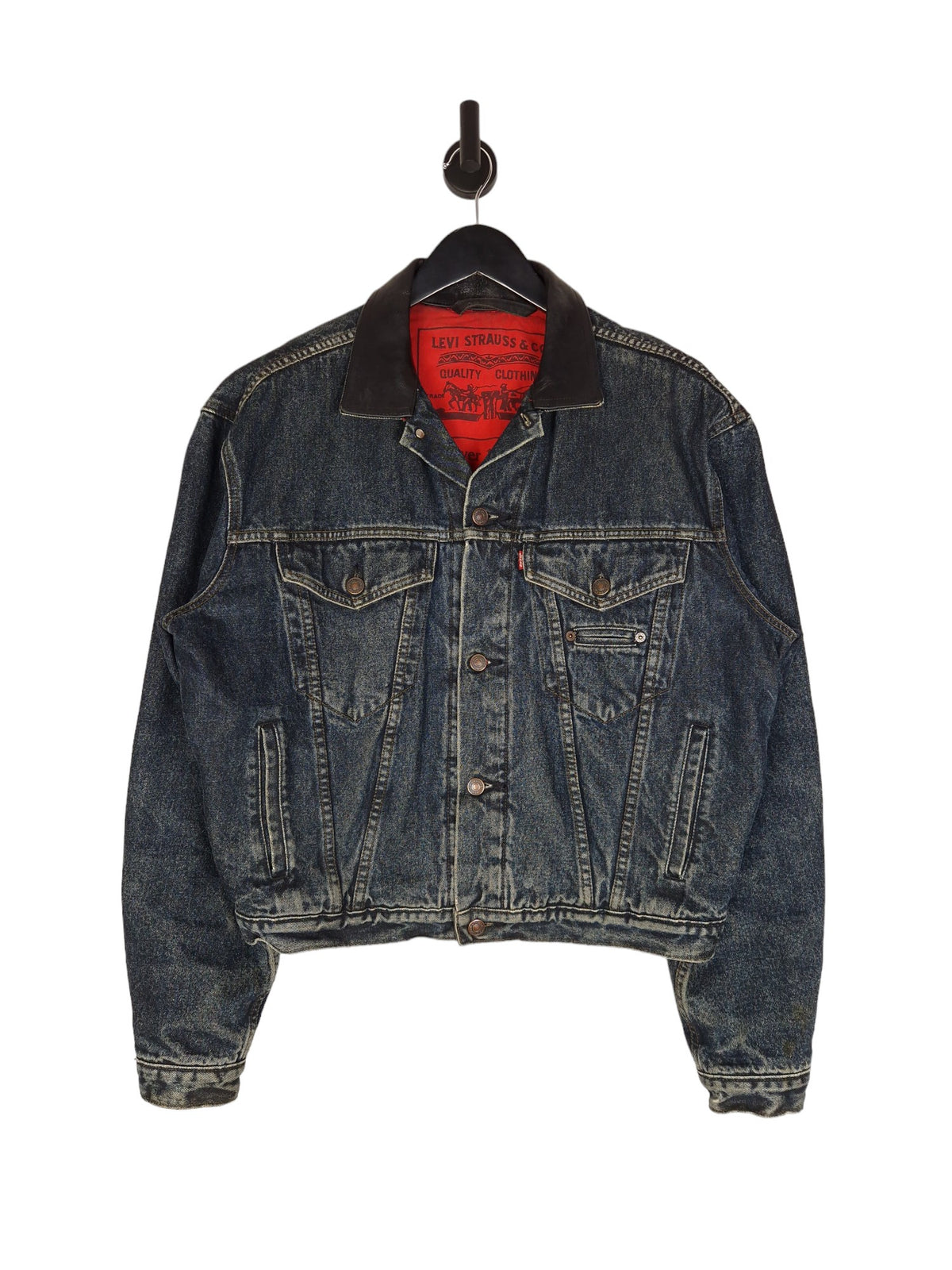 90's Levi's Denim Trucker Jacket Leather Collar - Size Large